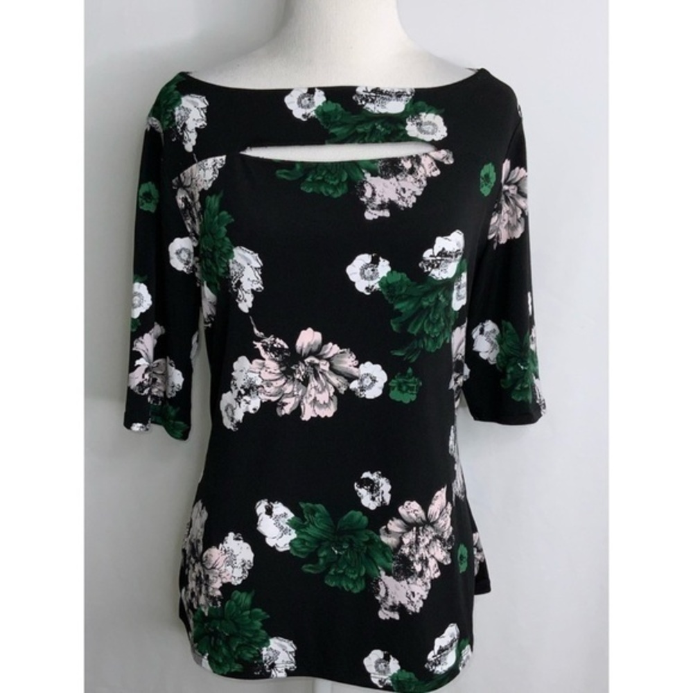 Carmen Marc Valvo Black Green White Floral 1/2 Sleeve Stretchy Blouse M - Picture 1 of 10